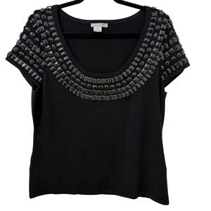 Alberto‎ Makali Embellished Knit Top Rhinestone Jewel Neck Black XL